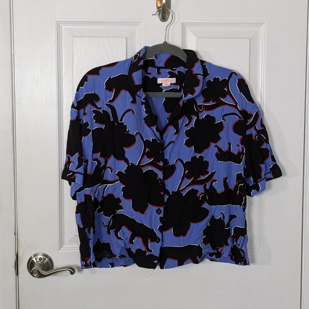 Refinery 29 Piera Cropped Wild Cat Novelty‎ Print Button Down Lounge Top Size S